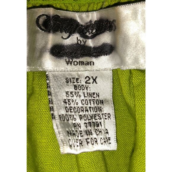 Lime Green Linen Blend Top Women's Blouse 2X Embroidered Tassels Boho Festival - Picture 10 of 16